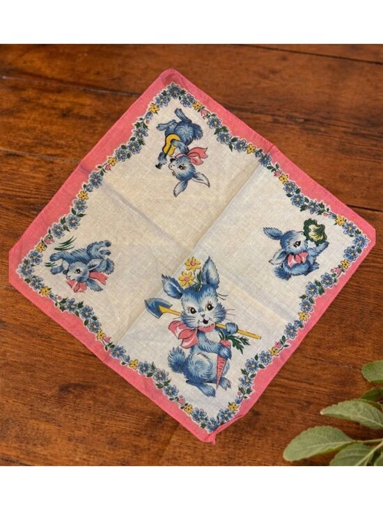The Unbranded Brand Other - Vintage Kids Handkerchief With Blue Bunny Design & Pink Floral Border